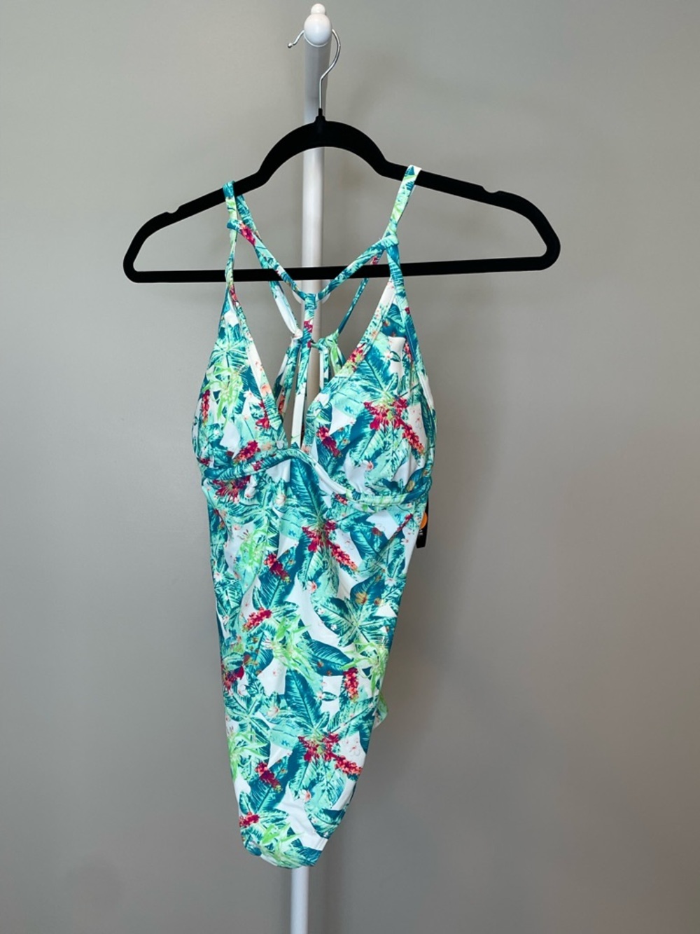 Adore Me Tropical One-Piece Strappy Back Resort Swimsuit in Teal/Pink Large